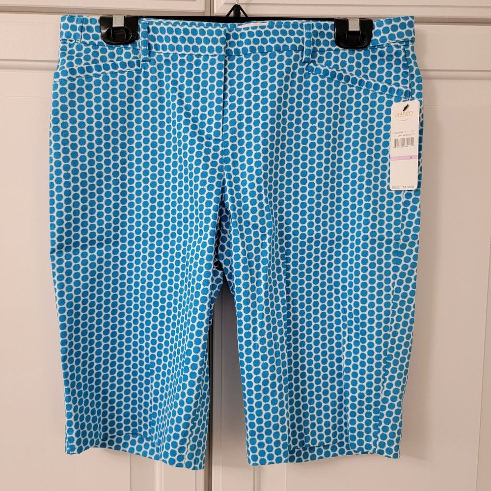 LAUNDRY Turquoise Blue & White Print Bermuda Long Summer Cotton Blend Shorts 6 8